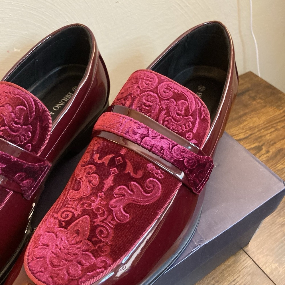Bruno Marc Mens Sz 12 Tuxedo Loafers Red Velvet Slip-on Dress Shoe Fashion Prom - Picture 9 of 13